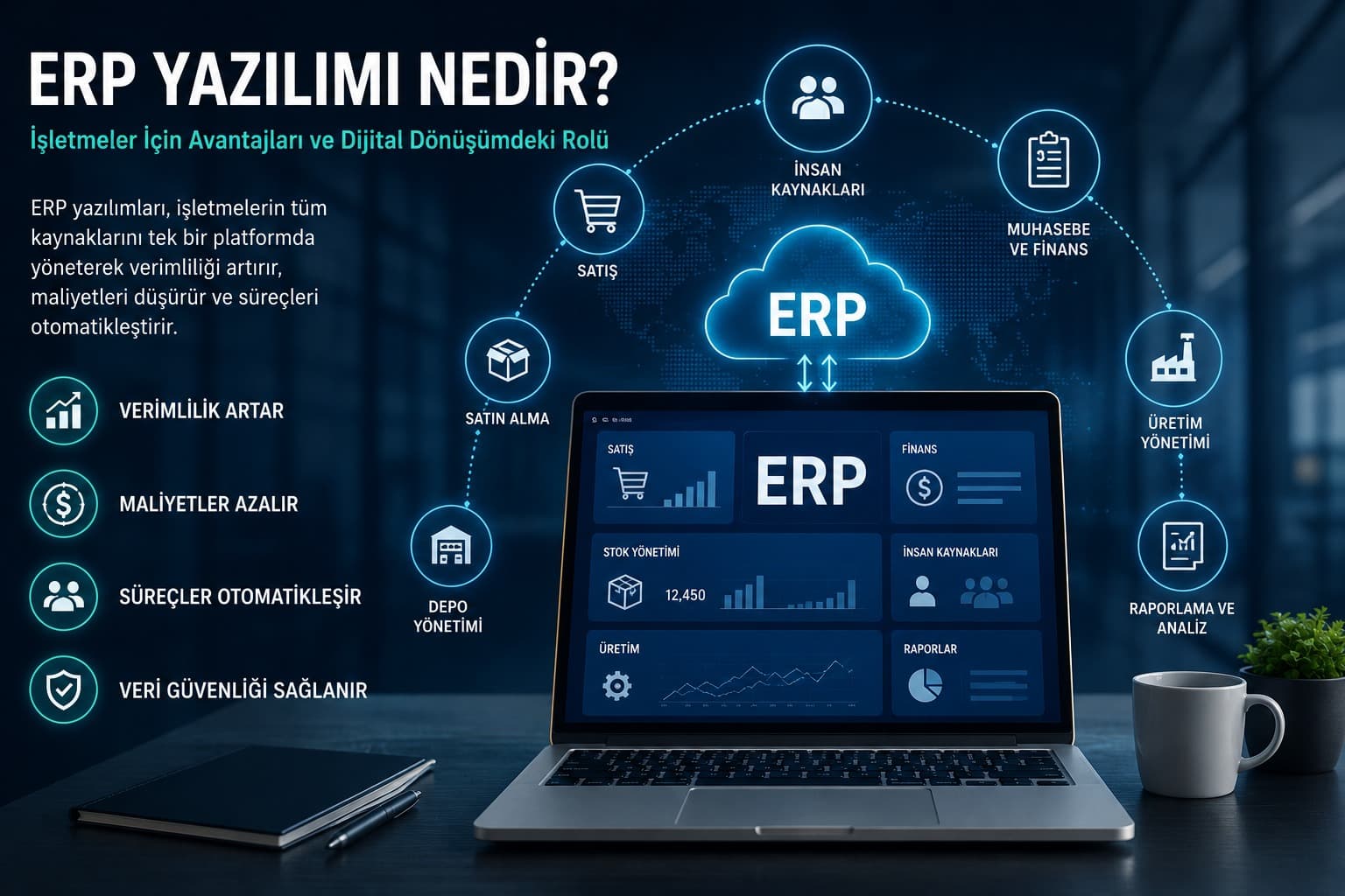 ERP yazılımı ile işletme kaynaklarının merkezi yönetimini gösteren kurumsal teknoloji görseli