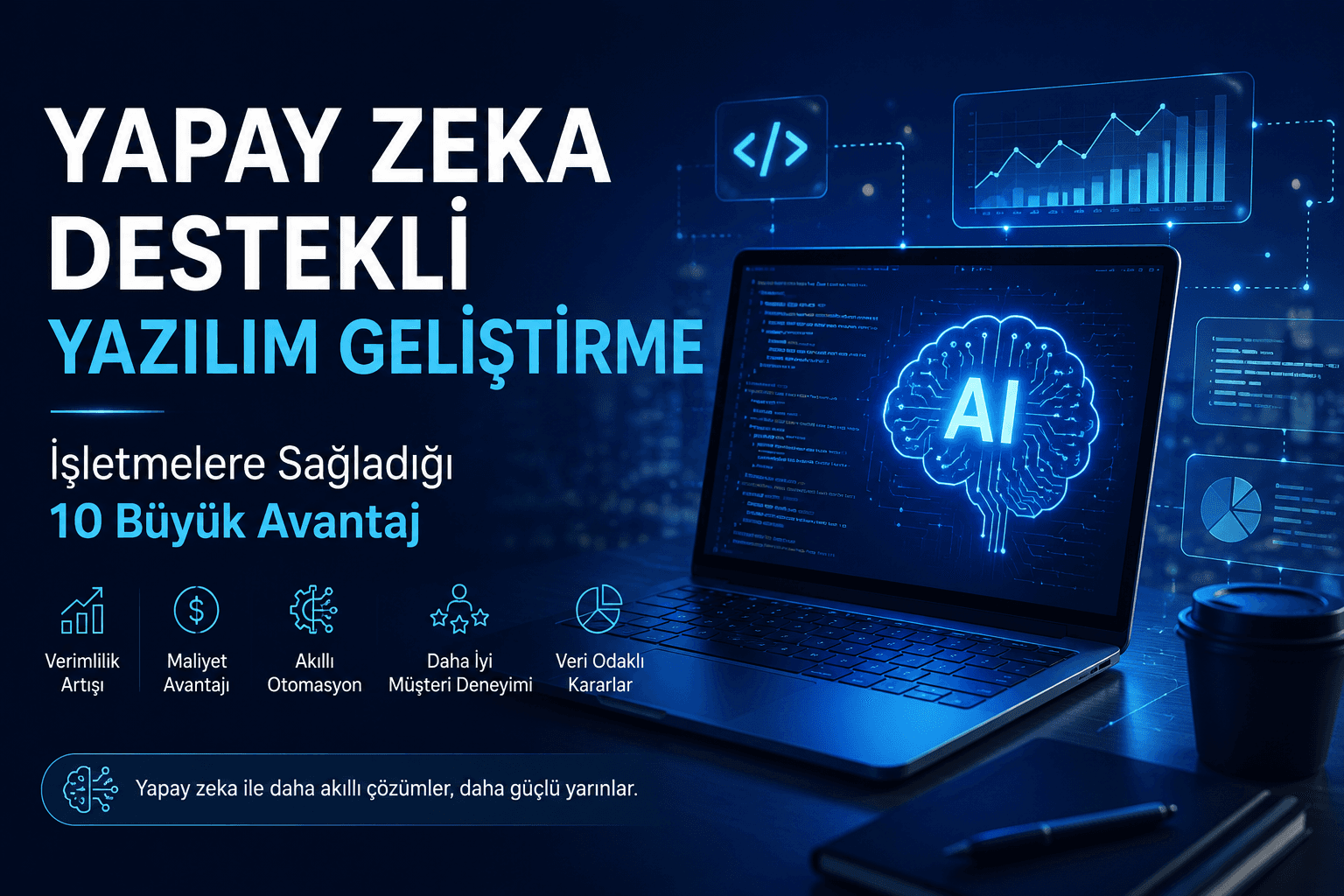 Yapay zeka destekli yazılım geliştirme süreçlerini ve dijital dönüşümü temsil eden teknoloji görseli