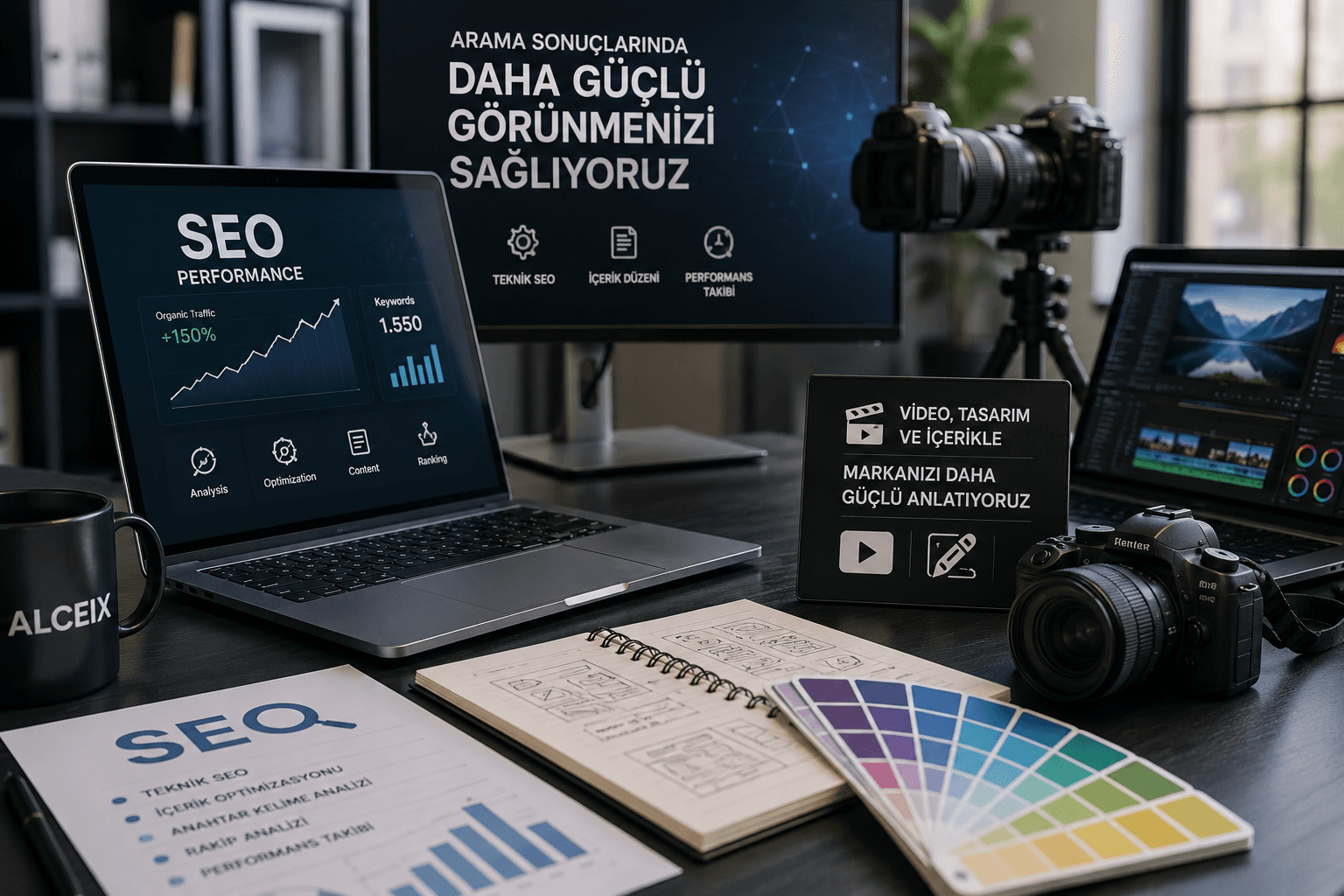 SEO hizmeti, video prodüksiyon ve dijital içerik üretimini temsil eden modern çalışma ortamı